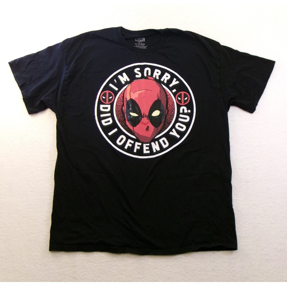 Marvel Deadpool Mens Black Graphic T-Shirt XL I'm Sorry Did I Offend You? Tee